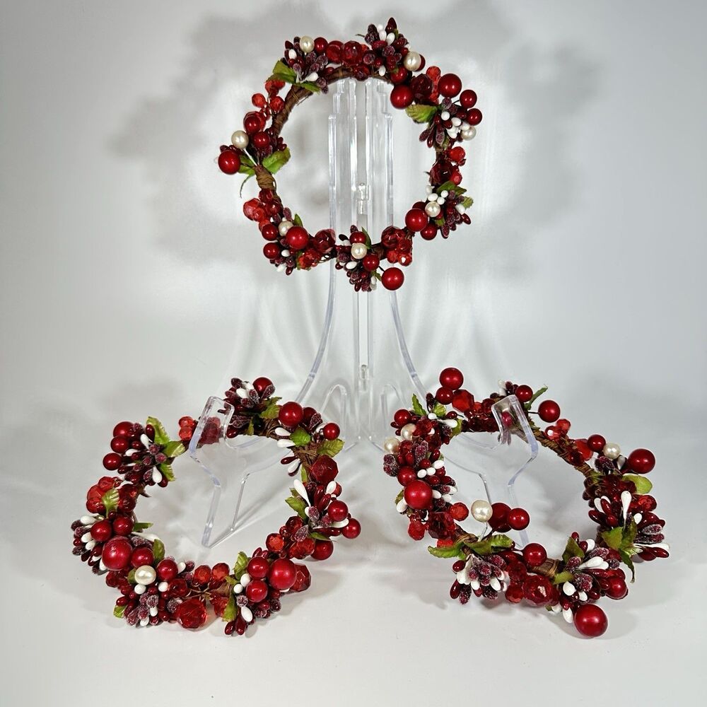 Christmas Berry Candle Wreaths Set of 3 Red Beaded Rustic Holiday 6 Inch Decor